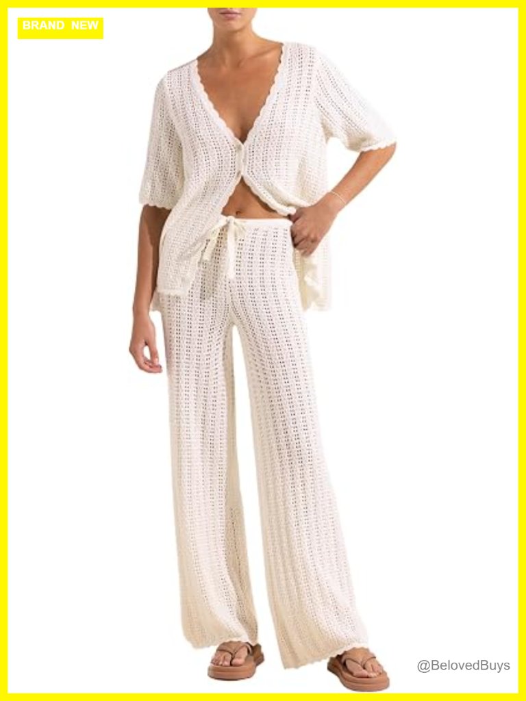 Crochet Knit 2 Piece Swimsuit Cover Up Set Cardigan Top & Wide Leg Pants